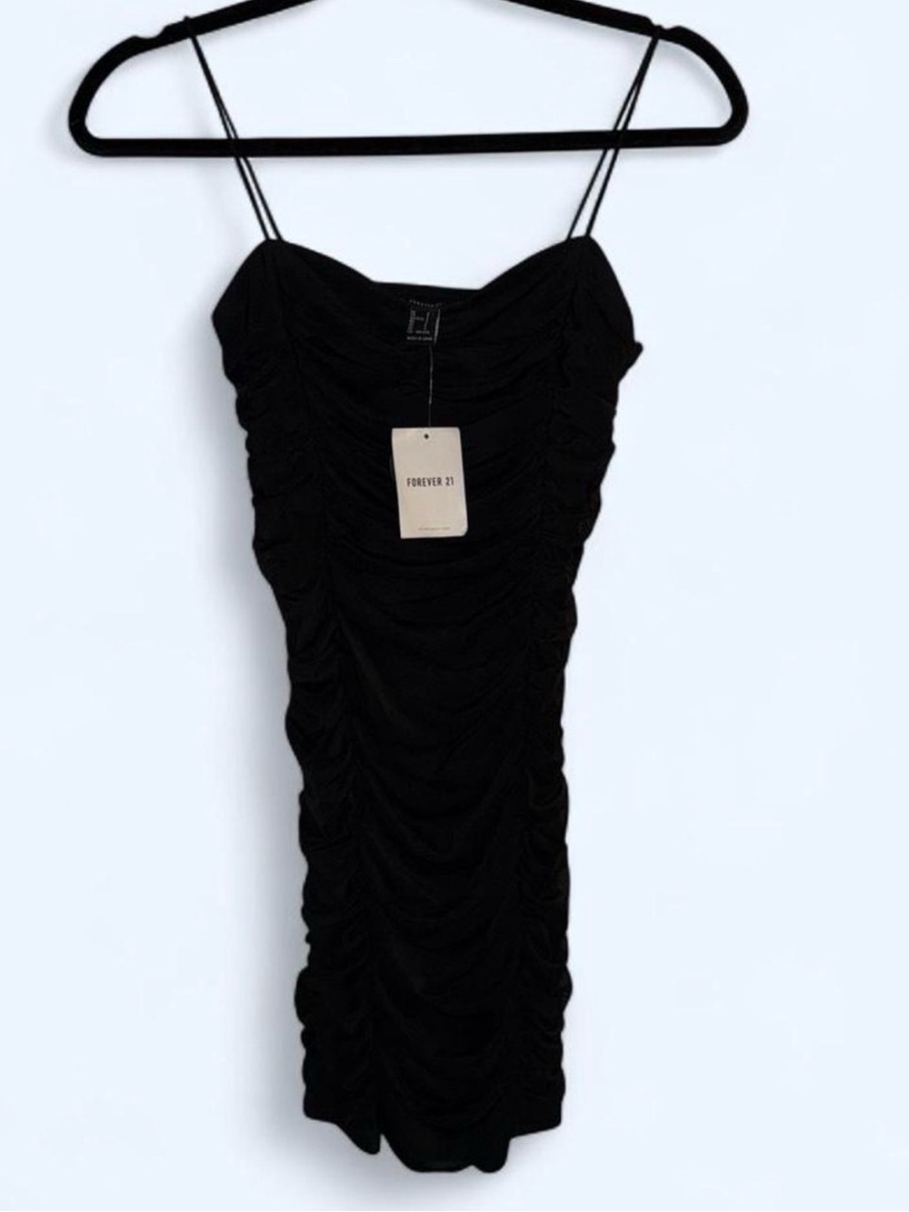 NWT Forever 21 Black Ruched Mini Dress with Spaghetti Straps